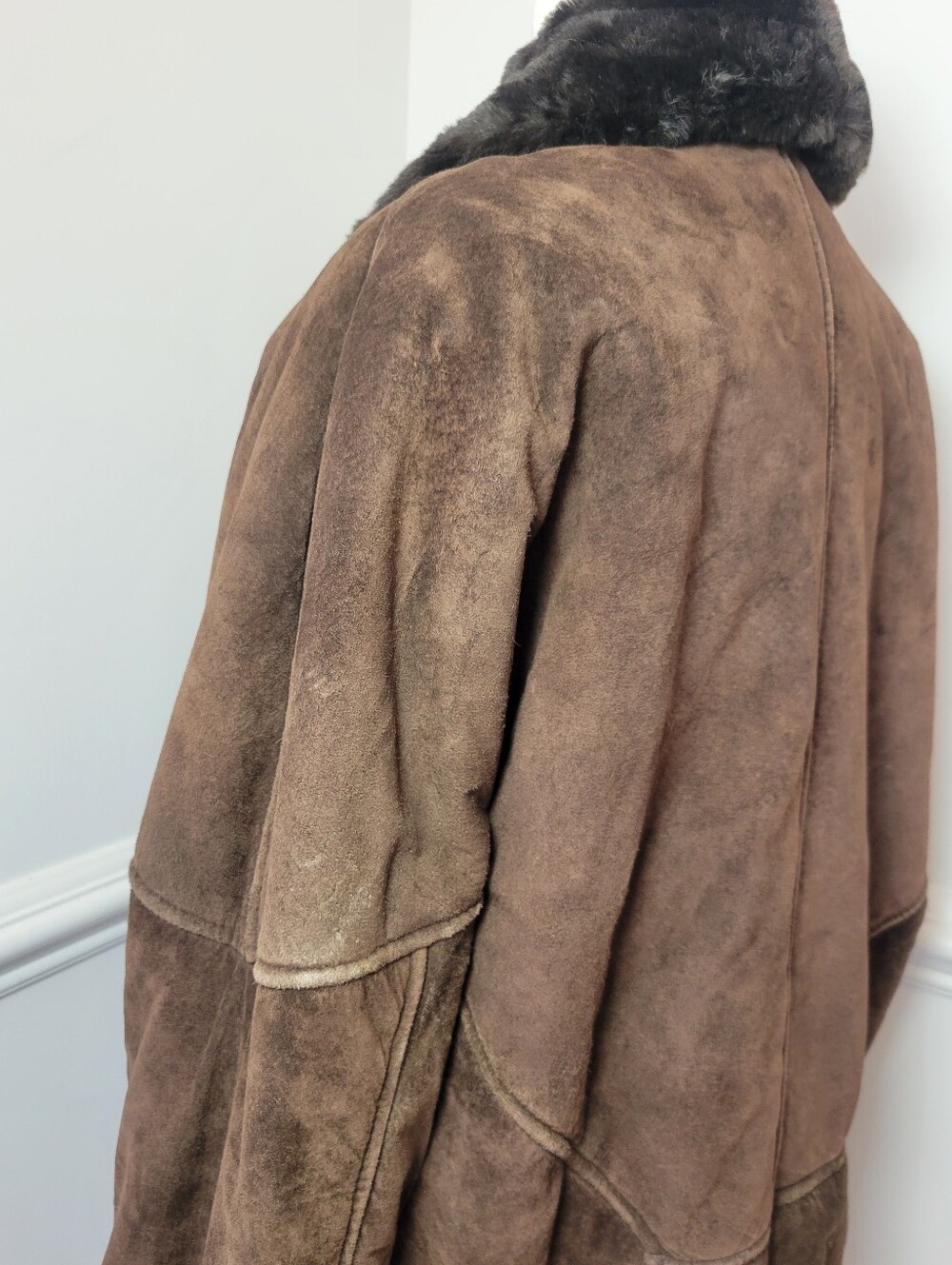 Vintage The Flight Club Brown Suede Faux Fur Oversized Statement Coat M - Picture 15 of 15
